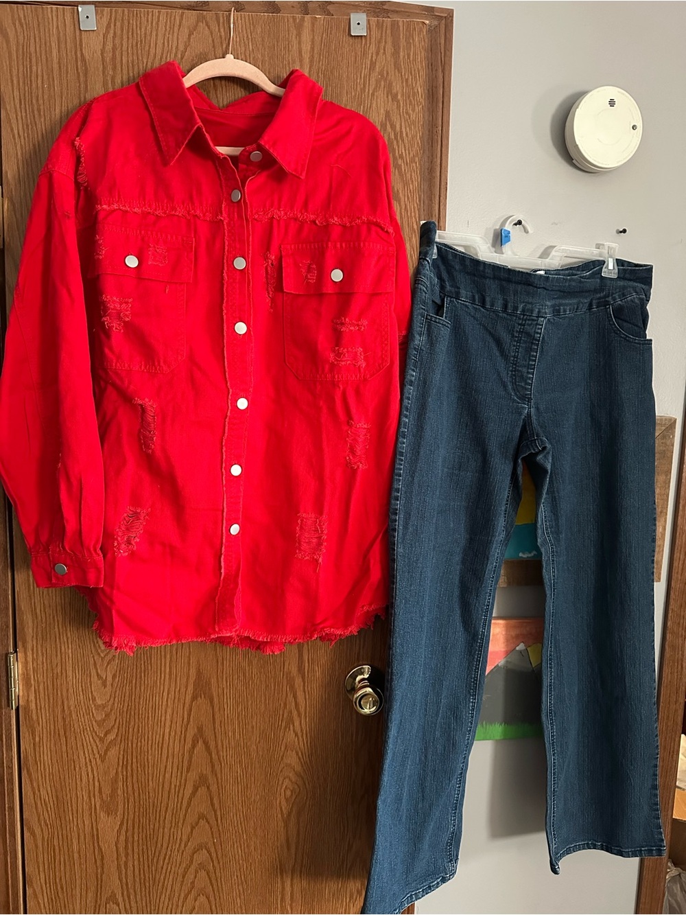 Bright Red Distressed Button-Up Shacket